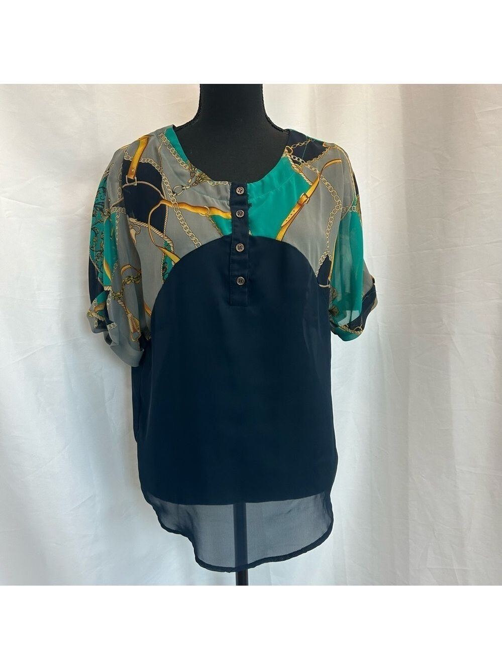 Sweet Rain navy chiffon chain rope tassel lion print short sleeve blouse